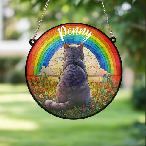 British Shorthair Cat Rainbow Bridge Personalised Stained Glass Effect Suncatcher
